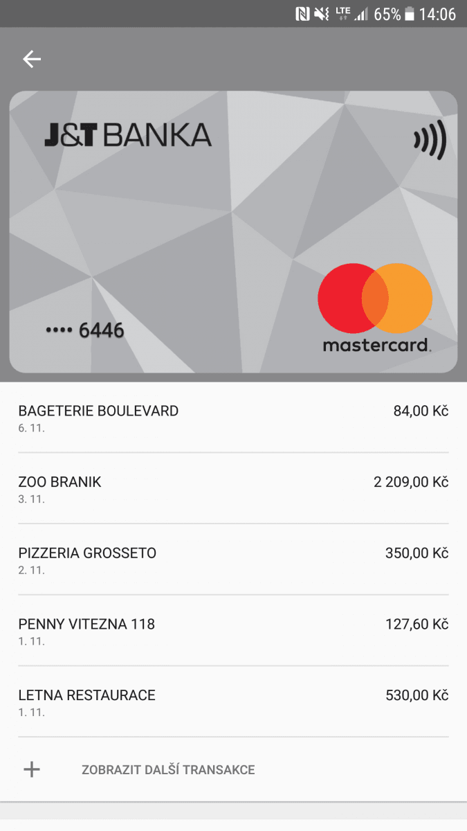 Platební karty J & T Banky v aplikaci Android Pay. (14. 11. 2017)