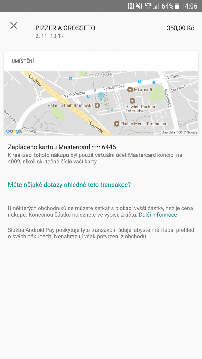 Platební karty J & T Banky v aplikaci Android Pay. (14. 11. 2017)