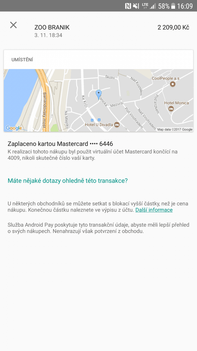 Platební karty J & T Banky v aplikaci Android Pay. (14. 11. 2017)