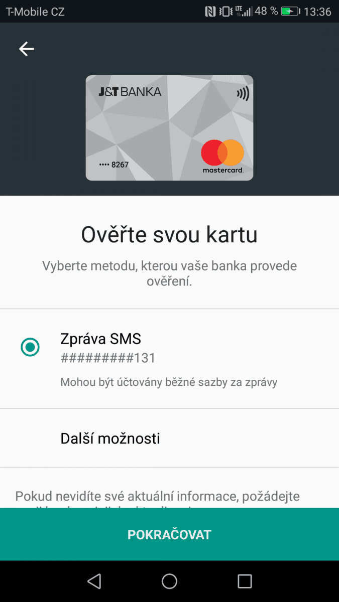Platební karty J & T Banky v aplikaci Android Pay. (14. 11. 2017)