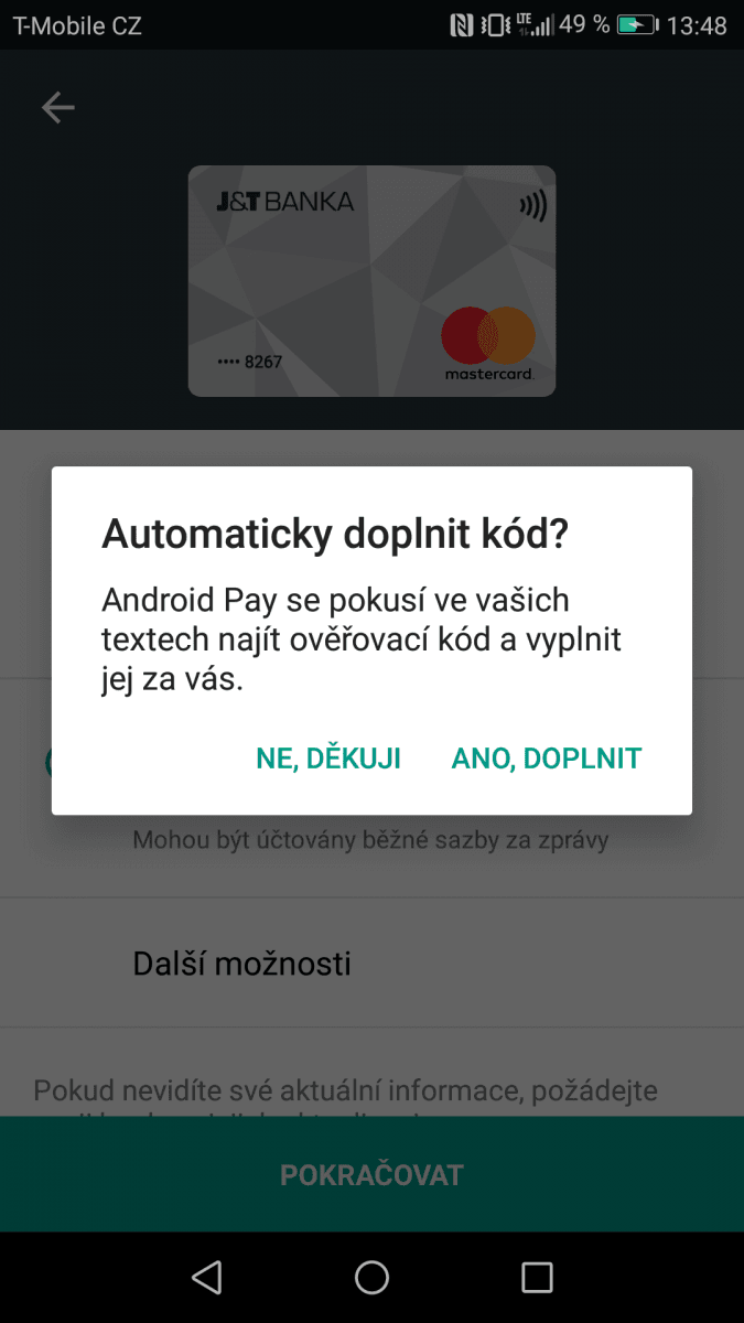 Platební karty J & T Banky v aplikaci Android Pay. (14. 11. 2017)