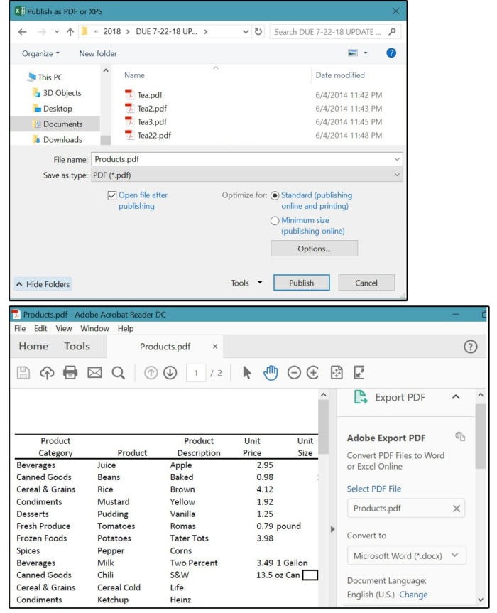 Publikování souboru a jeho otevření v programu Adobe Acrobat Reader