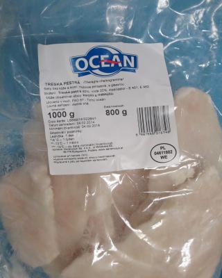 OCEAN TRESKA PESTRÁ. Kategorie: Falšované potraviny. Nevyhovující parametr: hmotnost čistá. U jednoho z hodnocených podvzorků byla zjištěna nižší čistá hmotnost, než bylo uvedeno na obale výrobku. Země výroby: Polsko. Místo kontroly: Tesco Stores ČR a.s., Děčín