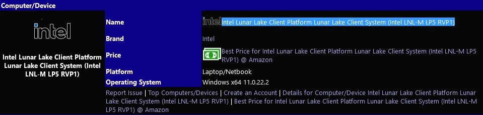Vzorek procesoru Lunar Lake v databázi SiSoft Sandra