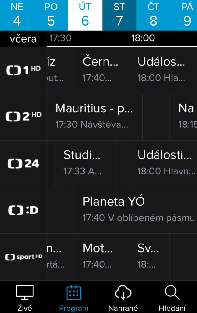 EPG „včera“ (obrazovky odchyceny ve středu), které lze rovnou využít pro Zpětné zhlédnutí pořadu.