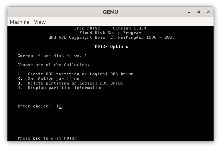 Pocket 386: QEMU a FDISK