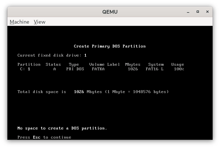 Pocket 386: QEMU a FDISK