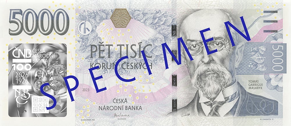 Vzor oběžné bankovky v nominální hodnotě 5 000 Kč s holografickým přítiskem k 100. výročí založení Národní banky Československé (NBČ).