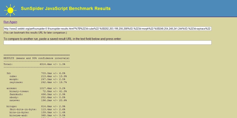<p>Výsledky testu SunSpider jsou stejně jako celý test velmi jednoduše graficky vyřešeny</p>