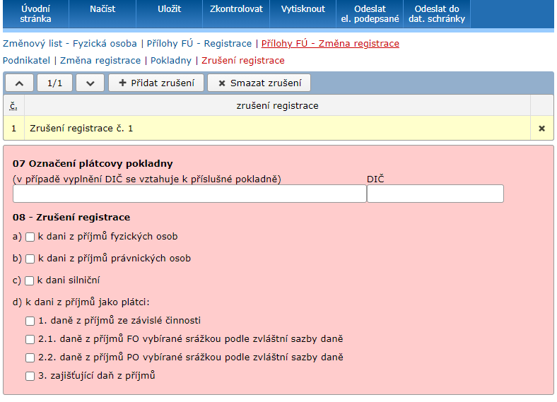 Formulář - přílohy - zrušení registrace