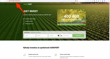 Podvodná webová stránka lákající na investiční služby pod značkou Agrofertu. (26. 1. 2022)