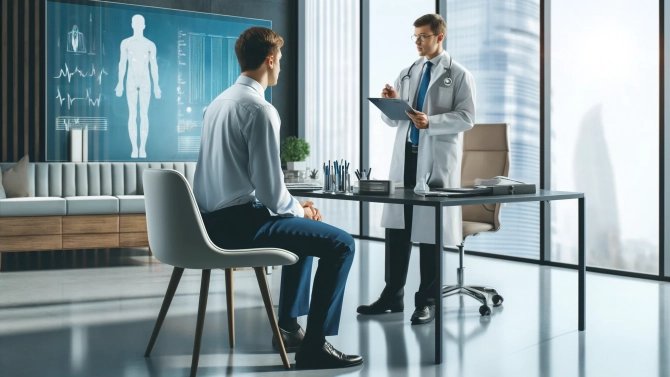 Pacient sedí v ordinaci a nad ním stojí úřadující lékař