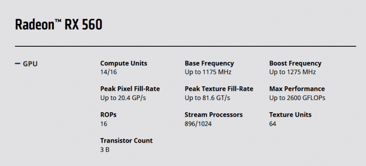 Parametry Radeonu RX 560 po změně. Původní varianta existuje dál, ale nyní jsou přípustné i konfigurace s 896 shadery místo 1024