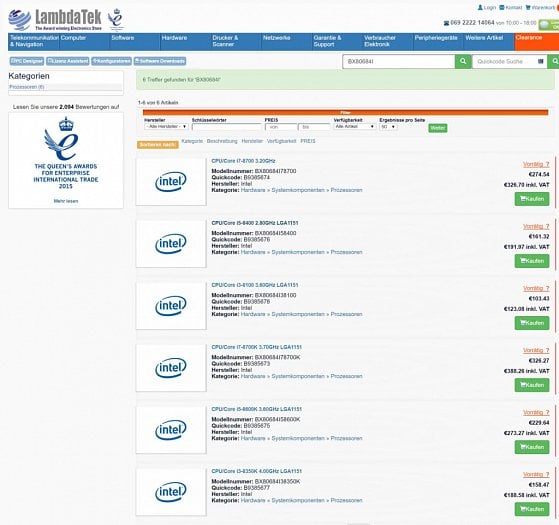 Ceny čipů Intel Coffee Lake v obchodu LambdaTech (Zdroj: techPowerUp)