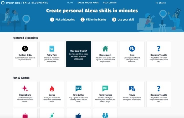 Výběr z možností dostupných v Alexa Skill Blueprints