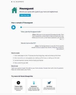 Zobrazení informační obrazovky pro Alexa Skill Blueprint pro Houseguest