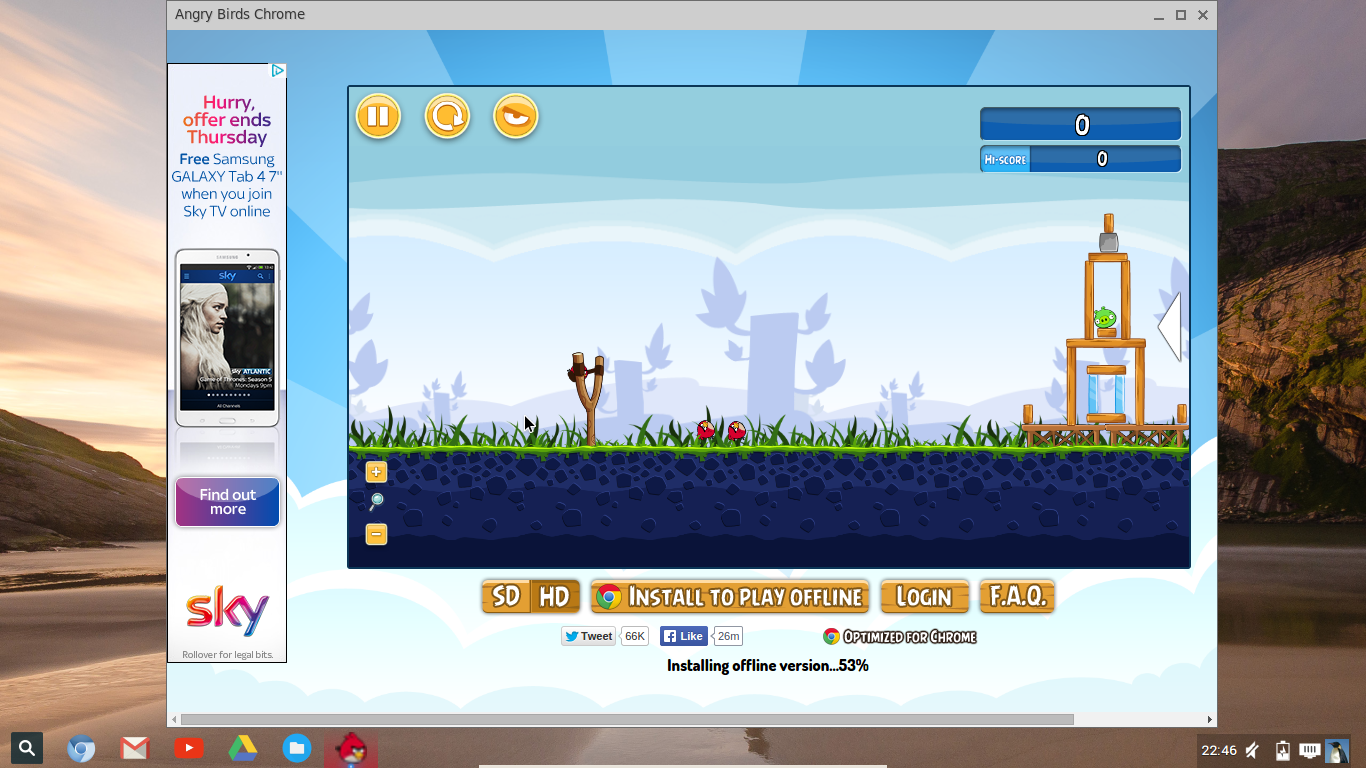 Weboví Angry Birds v režimu aplikace.