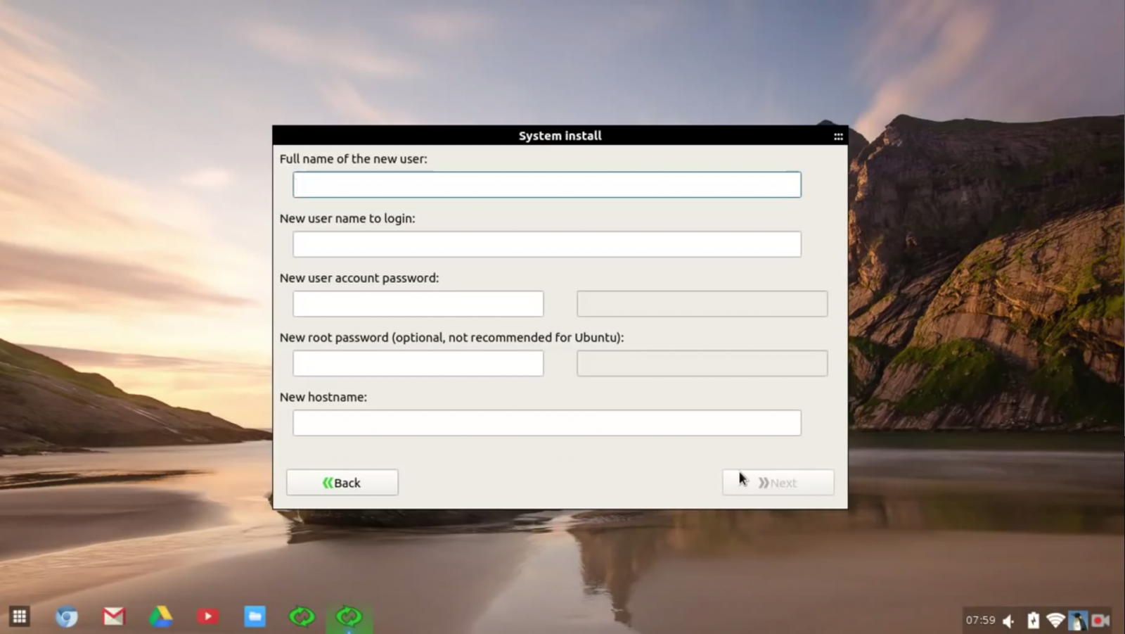 Vyplňování údajů o uživateli.