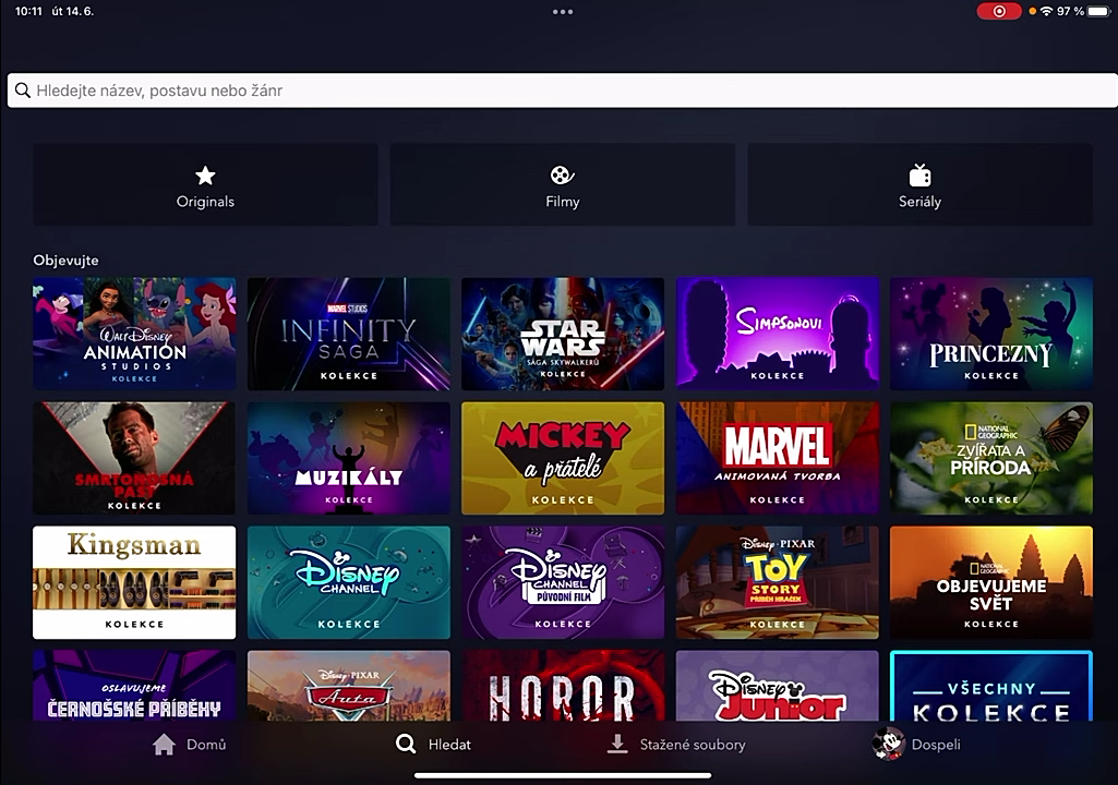 Uživatelské prostředí Disney+ v češtině