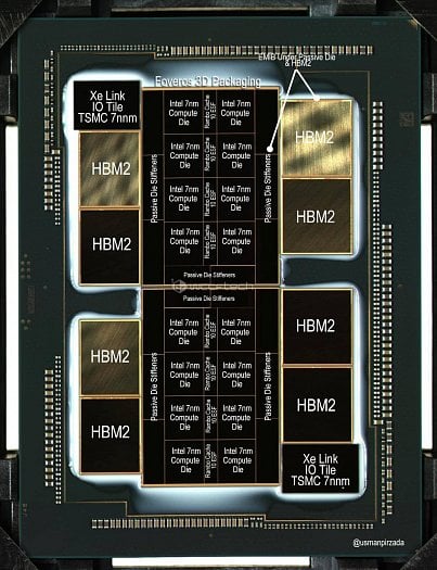 GPU Intel Xe HPC s částmi popsanými dle interpretace WCCFtechu