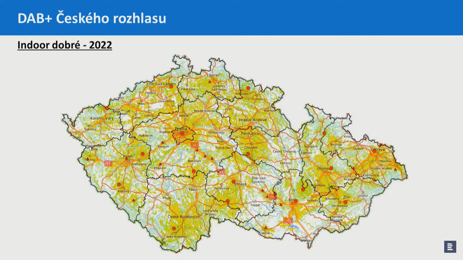 Místa s nejlepším pokrytím digitálního vysílání Českého rozhlasu podle nejpřísnější metodiky pro hustě osídlená města. Stav v roce 2022.