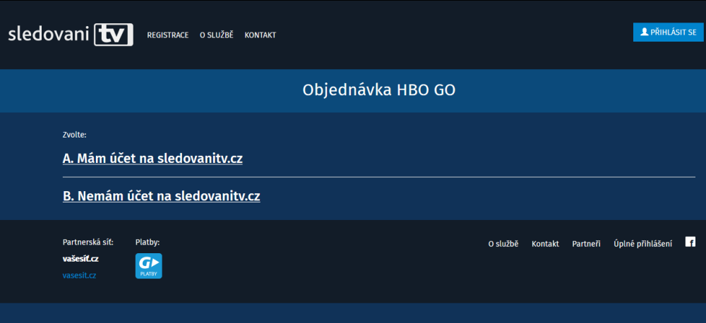 Druhá možnost objednání HBO Go spočívá v přímém zadání adresy https://sledovanitv.cz/hbogo-register. Tato cesta je podstatně pohodlnější a zdá se být i spolehlivější. Vybrat si můžete i mezi stávajícím účtem u SledováníTV nebo založením nového.