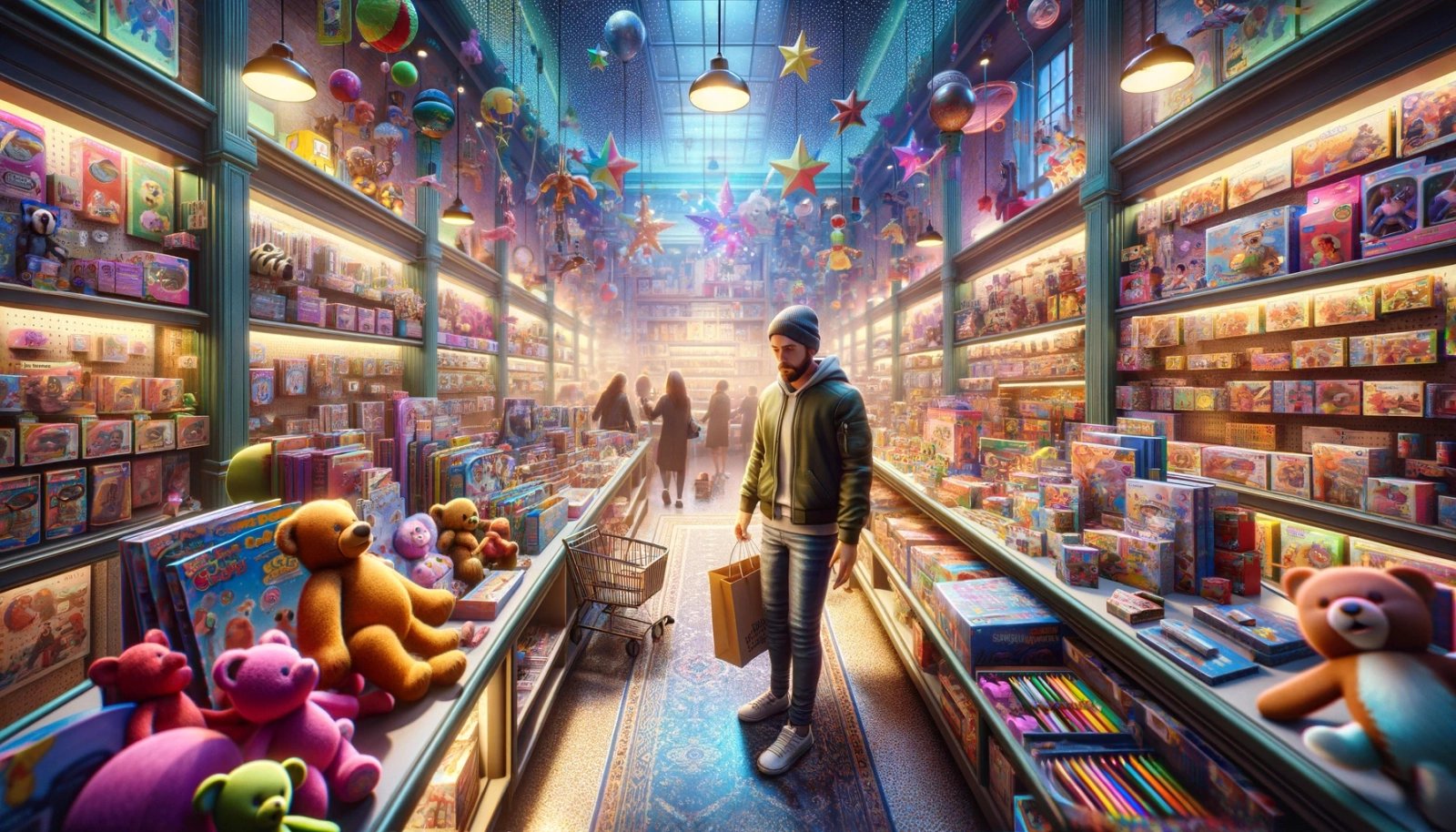 Hračkářství by mělo podle AI mít k dispozici spousty plyšáků.