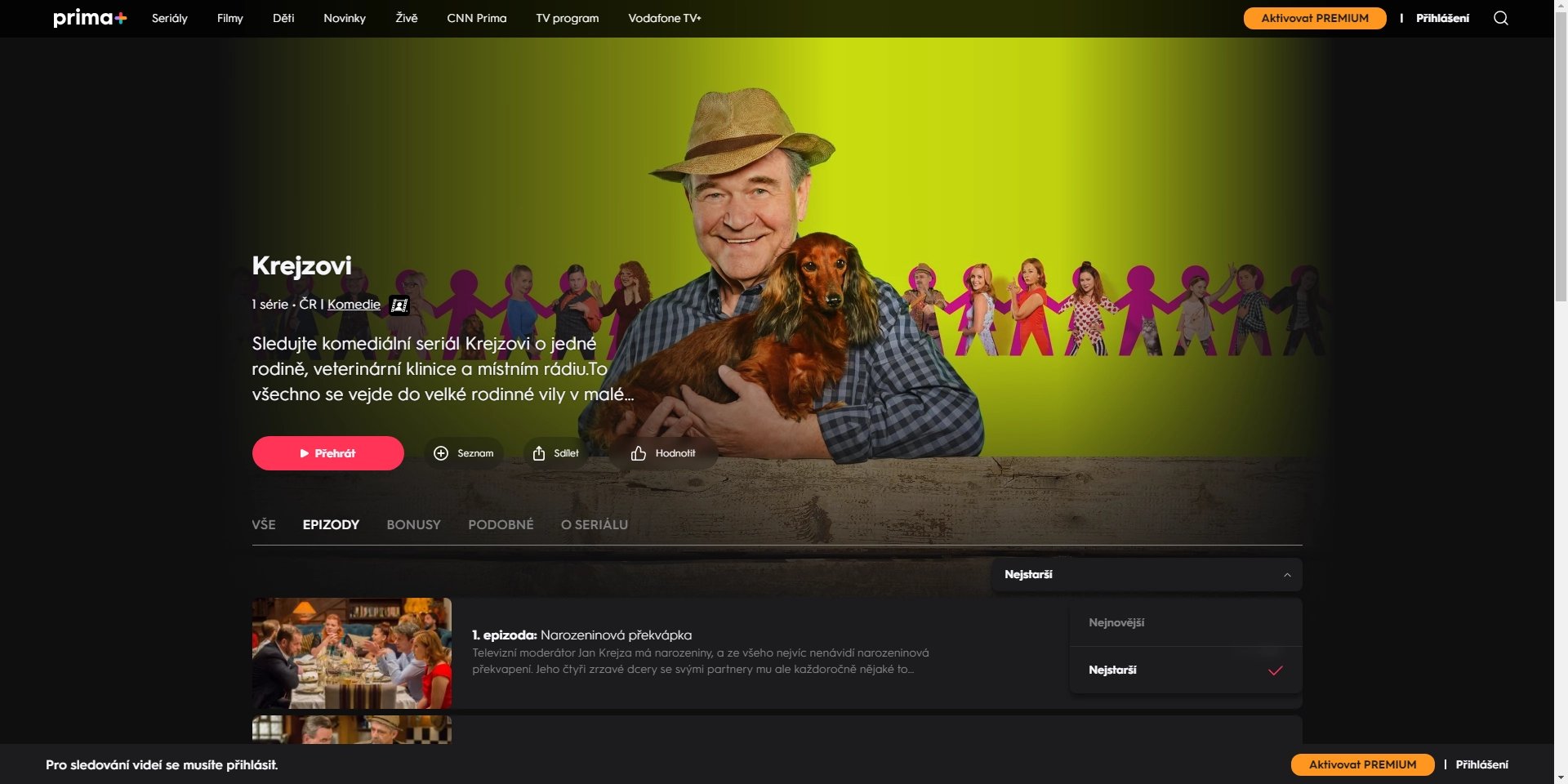 Karta seriálu Krejzovi s možností řazení epizod