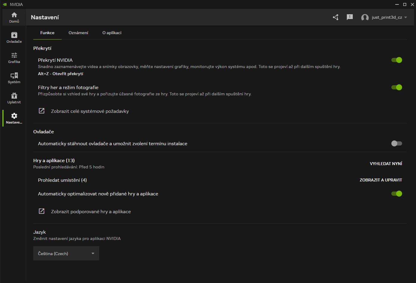 Nastavení Nvidia App