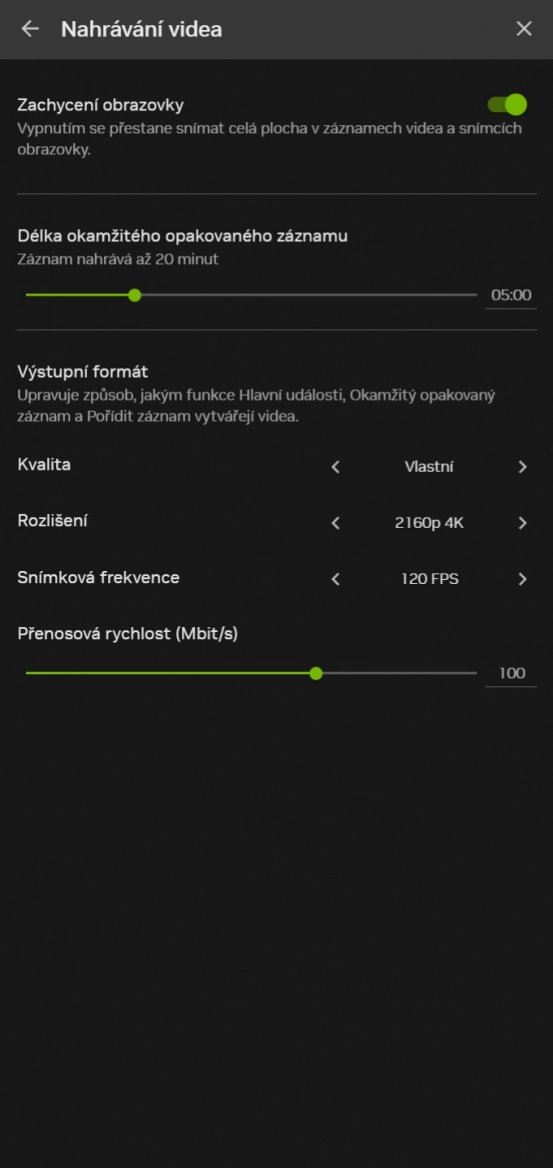 Nastavení videa v Nvidia Overlay
