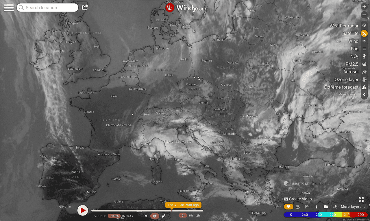 Animované satelitní snímky ve Windy.com