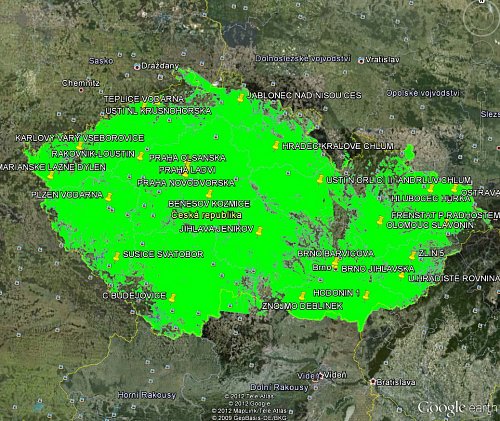 Mapa pokrytí signálem multiplexu 4 v internetovém atlasu Google Earth