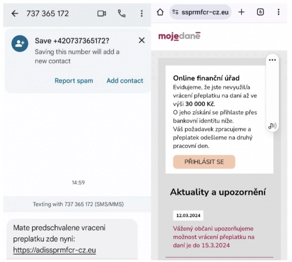 Podvodné SMS a web Finanční správy