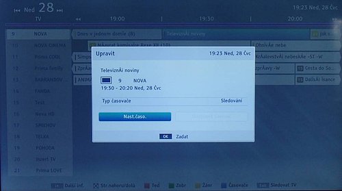 Jak vypadá EPG, vidíte na pozadí. V popředí je pak nastavení časovače (nahrávání, upozornění na pořad). Informace o pořadu se otevírají do nové obrazovky.