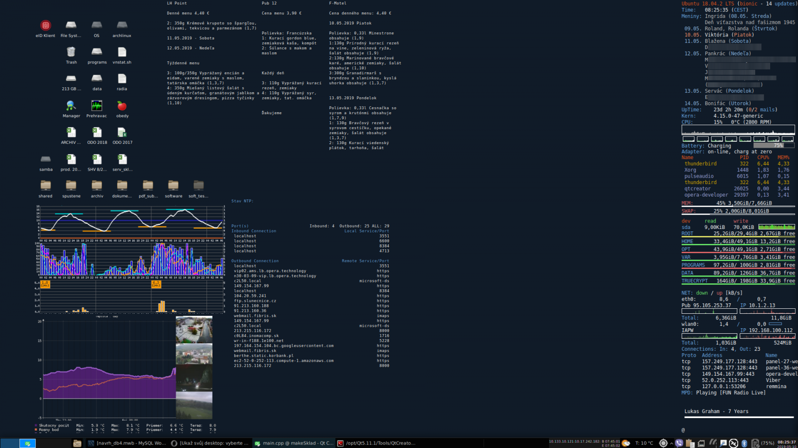 conky (zoznam obedov, pocasie, web kamery, systemove info vratane kalendara s meninami a narodeninami, ktore boli umyselne prekryte)