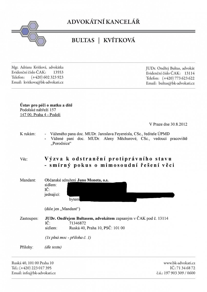 Podolskou porodnici vyzvalo ke zrušení poplatků za doprovod u porodu sdružení Juno Moneta