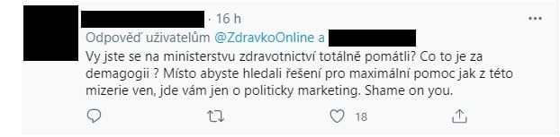 Reakce na komunikaci ministerstva zdravotnictví na Twitteru