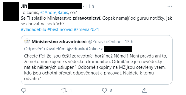 Reakce na komunikaci ministerstva zdravotnictví na Twitteru