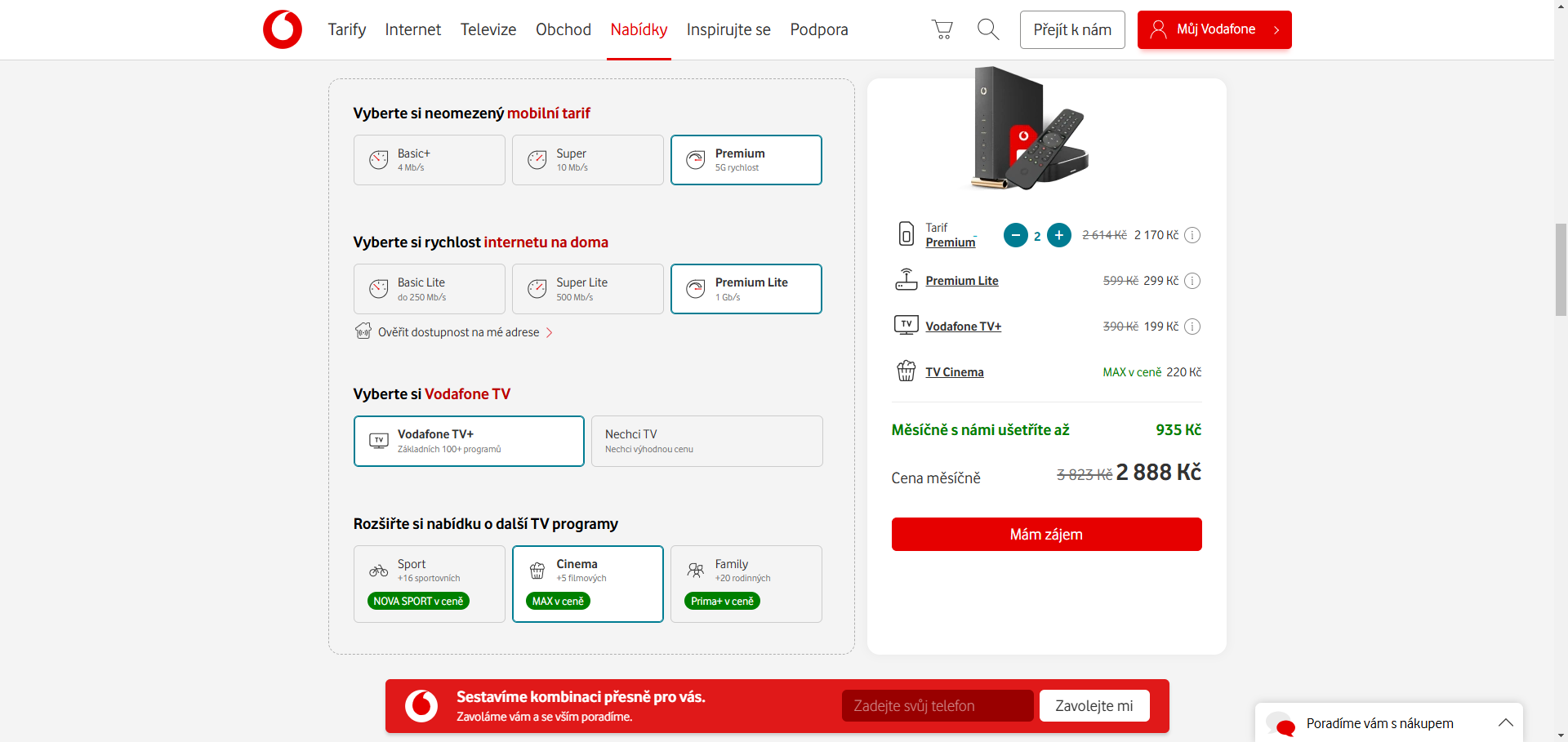 Sestavení tarifu s televizí a internetem u českého Vodafonu