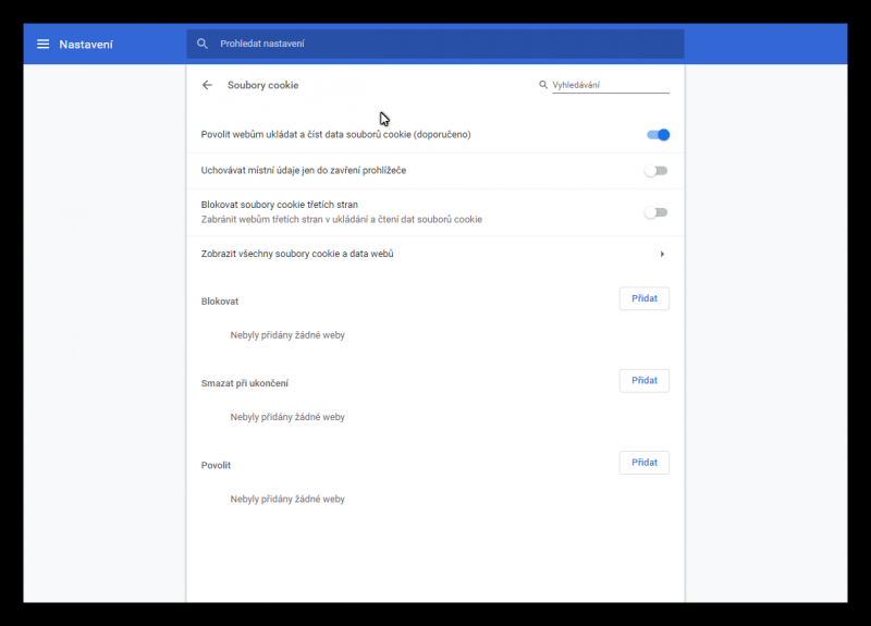 Konfigurace manipulace se soubory cookies v internetovém prohlížeči Google Chrome