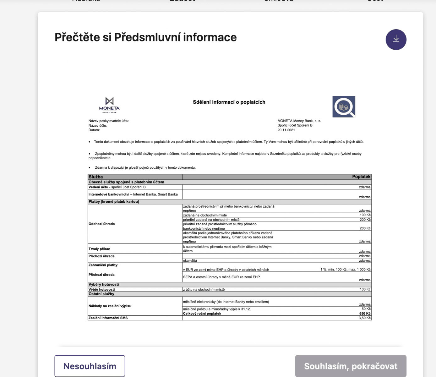 Úspěšné zobrazení předsmluvních infomací (20. 11. 2020)