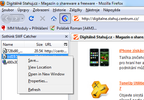 <p>SWF Catcher - ukázka použití ve Firefoxu</p>