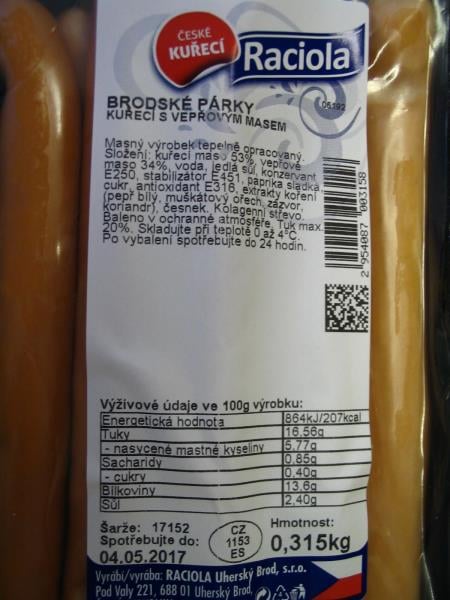 Výrobna RACIOLA Uherský Brod: Brodské párky kuřecí s vepřovým masem - obsah tuku ve výrobku byl vyšší, než bylo uvedeno na obale