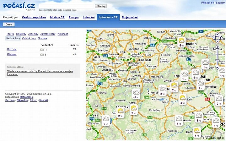 Zpravodajství z hor bylo důležitou součástí původního Počasí. Důležitá byla informace o teplotě i sněhu. Vše opět zobrazeno v mapě a při kliku na ikonku rozvedeno v levém sloupci mírně podrobněji. 