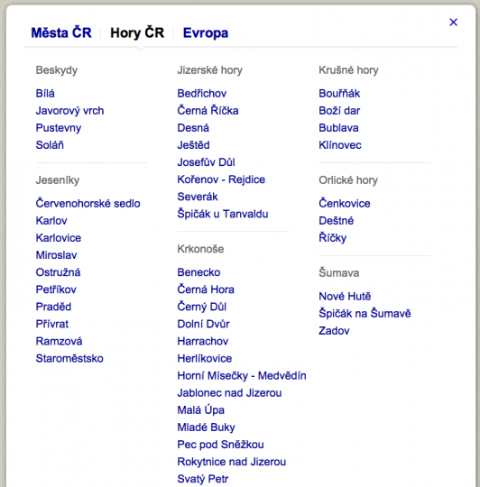 Nová verze Počasí má přehled hor (a nyní asi nepřijde žádné velké překvapení) v seznamu, nikoliv na mapě.  Kliknete si na oblast a uvidíte něco, co my máme na dalším obrázku...