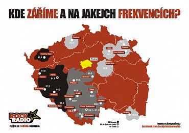 Mapa pokrytí signálem Rock Radia, prozatím bez mladoboleslavského kmitočtu. Obrázek lze zvětšit