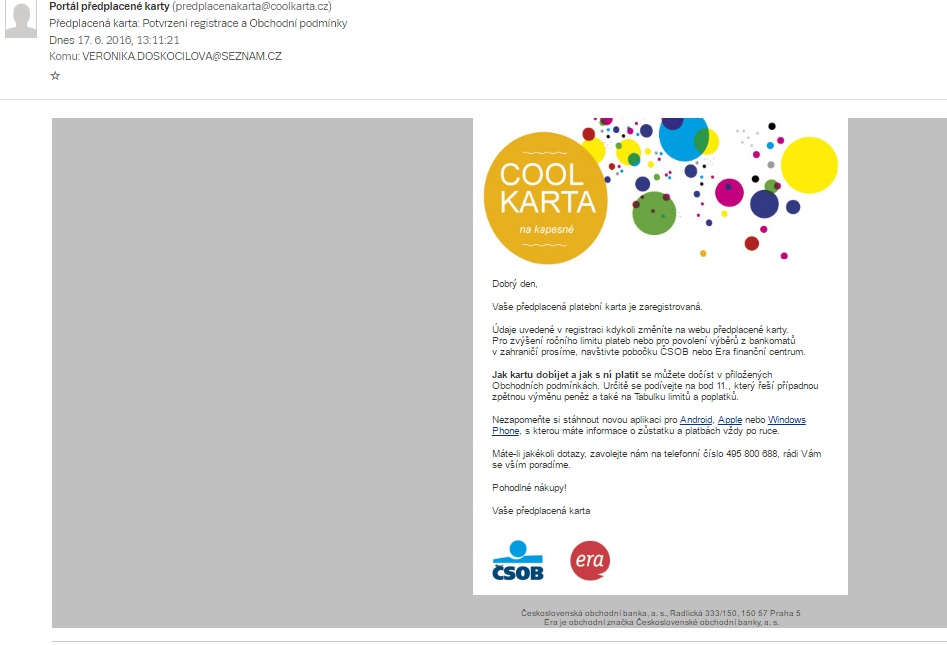 Email potvrzující aktivaci.