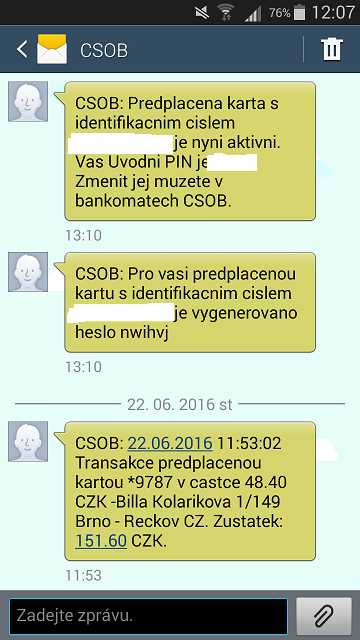 SMS zprávy o pohybech na Cool kartě.