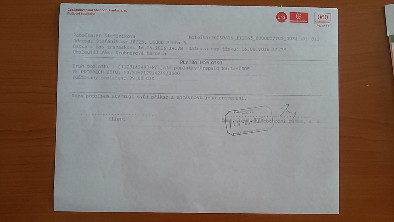 Doklad o zaplacení Cool karty.