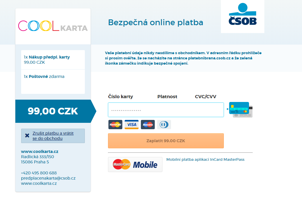 Pokus o platbu kartou vydanou někým jiným než ČSOB či Erou.
